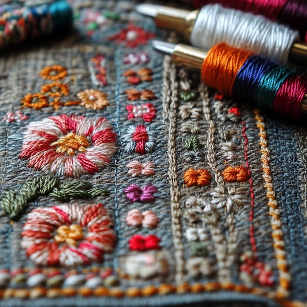 Detaliu broderie manuală cu fire colorate